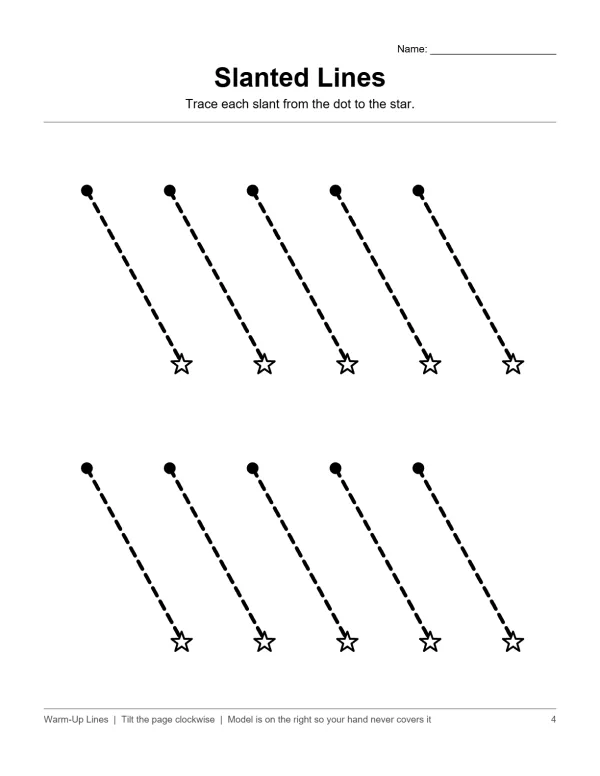 Dashed slanted lines connect dots to small stars, arranged in two rows on a white worksheet.
