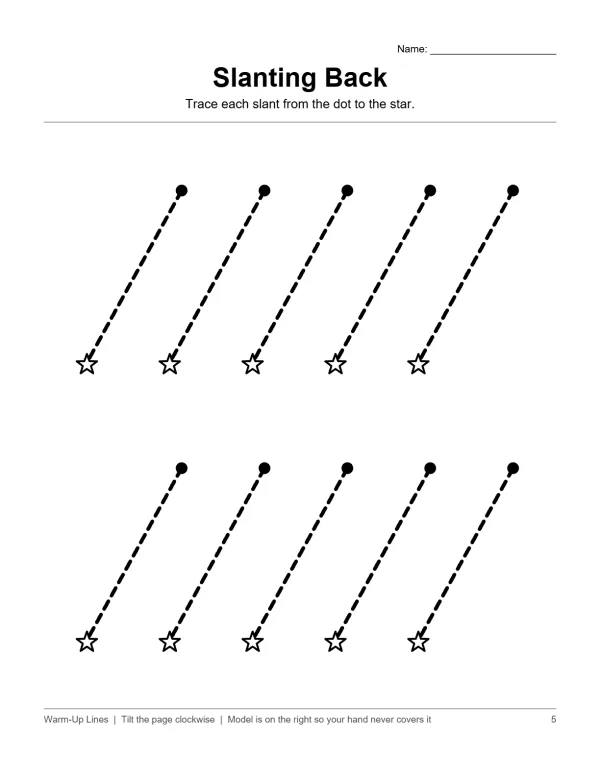Dashed diagonal lines connect dots to stars on a worksheet for tracing practice.