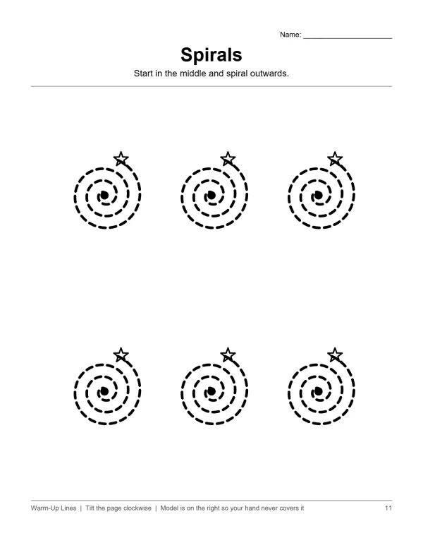 Six dashed-line spirals with a star at the end of each, arranged in two rows of three.