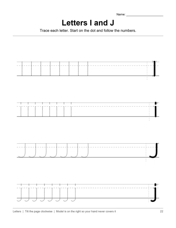 Worksheet with dotted lines for tracing uppercase and lowercase letters I and J, with numbers to follow.