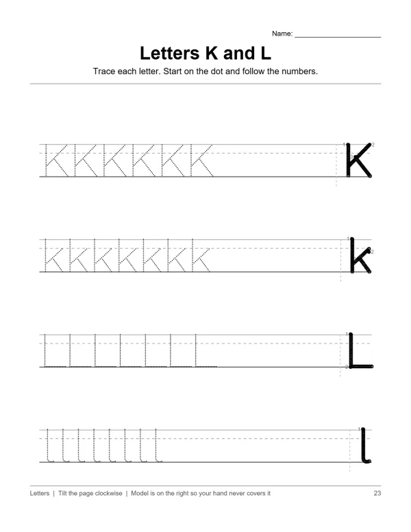 Worksheet for tracing uppercase and lowercase letters K and L with dotted lines and numbers.