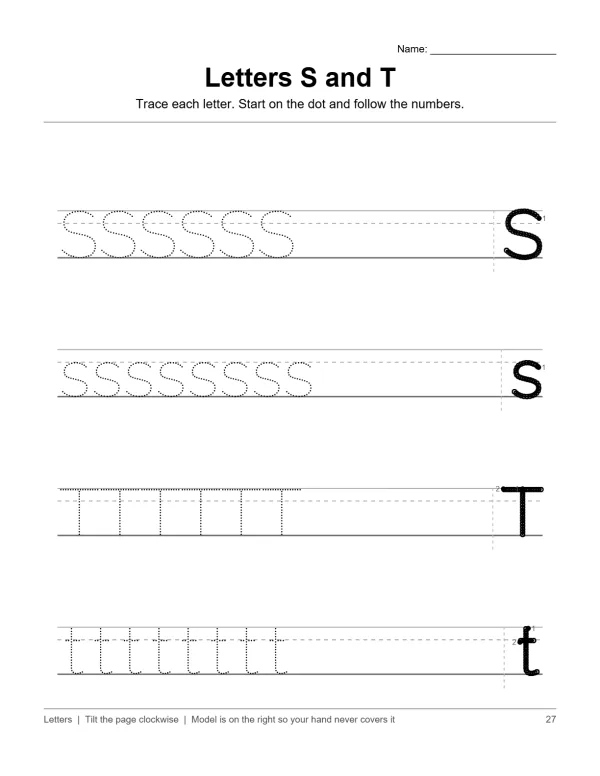 Tracing practice worksheet for uppercase and lowercase letters S and T with dotted lines and directional arrows.
