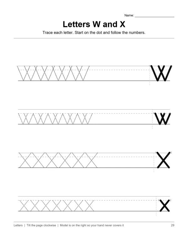 Tracing worksheet with dotted letters W and X and solid letters for practice.