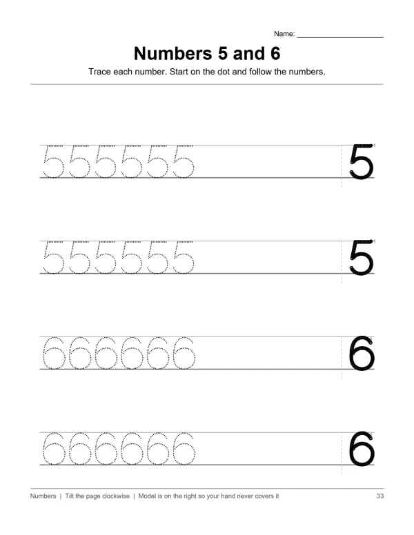Tracing practice worksheet showing dotted numbers 5 and 6 with solid number guides.