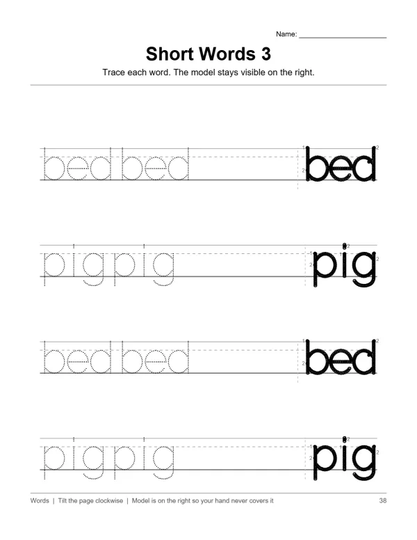 Worksheet with dotted letters to trace the words bed and pig, with solid letters as a guide.