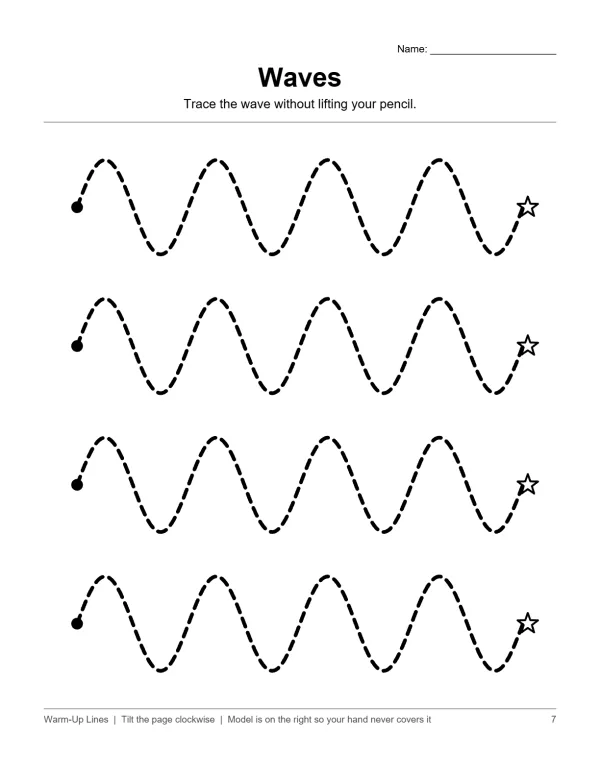 Four rows of dashed wavy lines to trace, starting with a dot and ending with a star.