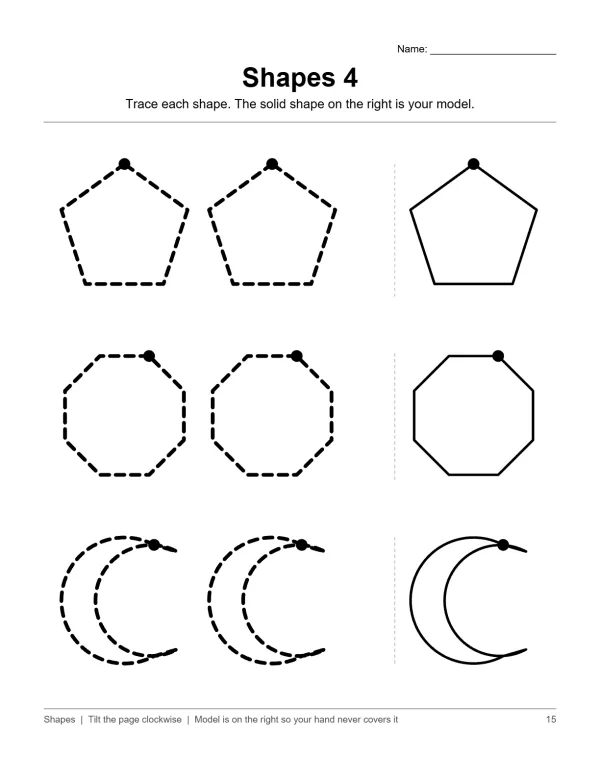 Worksheet with dotted outlines of a pentagon, octagon, and crescent moon shapes to trace.