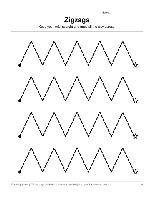 Dashed zigzag lines on a worksheet with a starting dot and ending star.