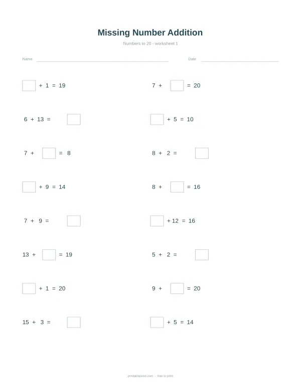 Worksheet with math problems for missing number addition up to 20 with blank boxes to fill in.