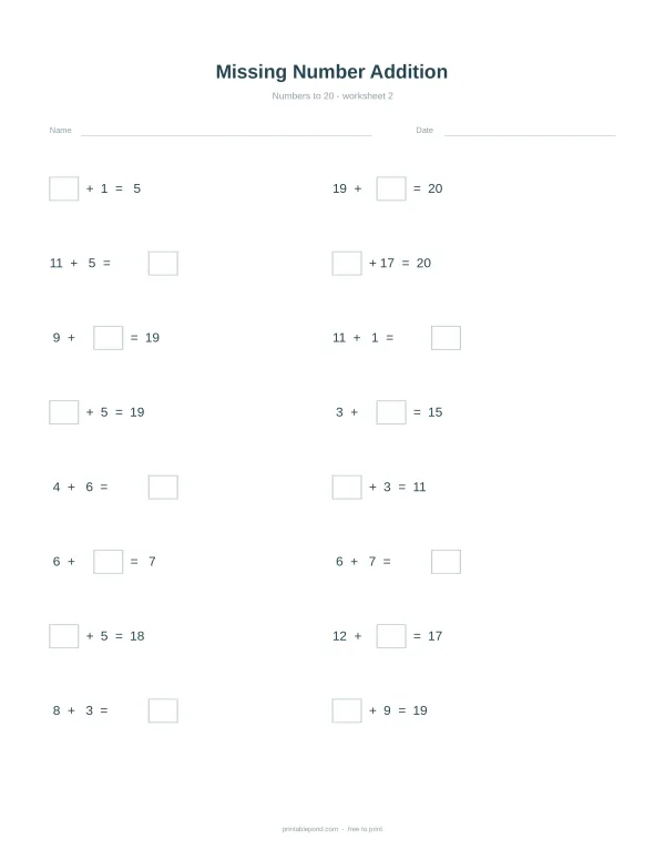 A worksheet with rows of addition problems where a number is missing, to be solved up to 20.
