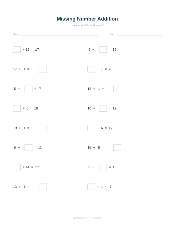 A math worksheet with addition problems where a number is missing.