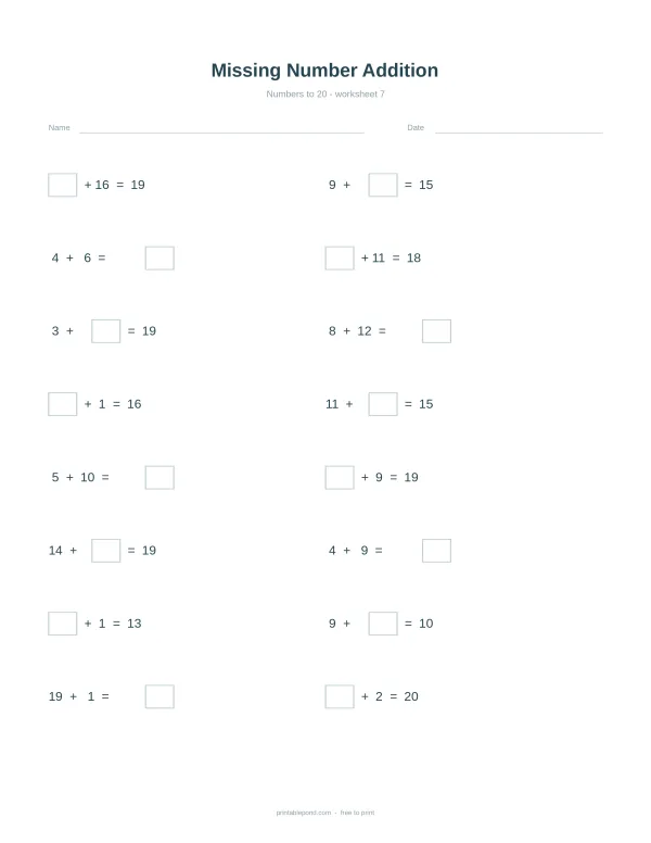 A math worksheet with missing numbers in addition equations up to 20.