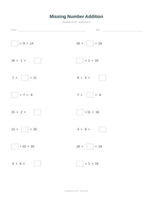 Worksheet with rows of addition problems where one number or the answer is missing.