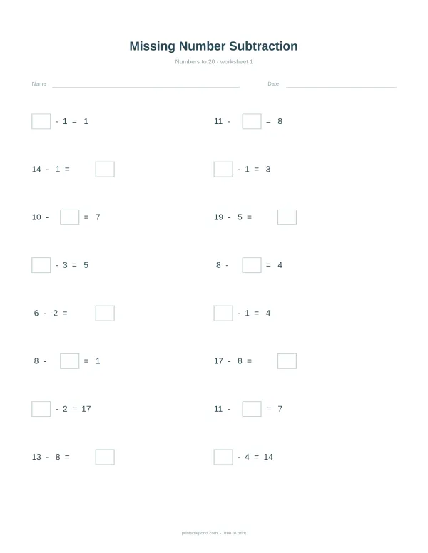 Missing number subtraction worksheet with numbers to 20