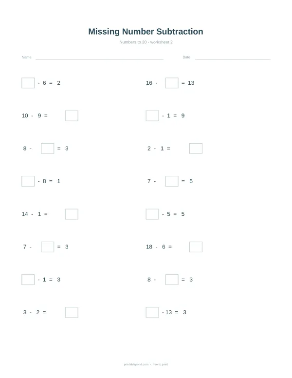 Missing number subtraction worksheet with numbers to 20