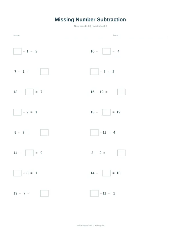 Missing number subtraction worksheet with numbers to 20
