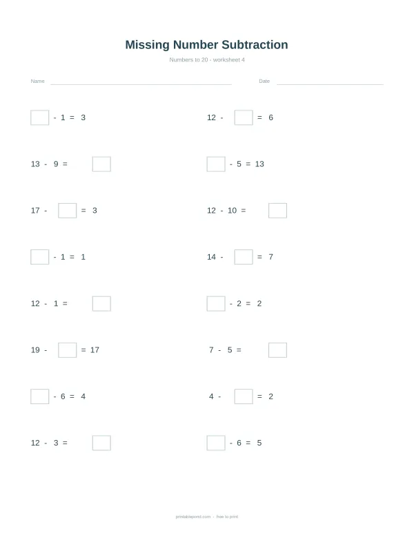 Missing number subtraction worksheet with numbers to 20
