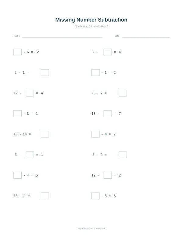 Missing number subtraction worksheet with numbers to 20