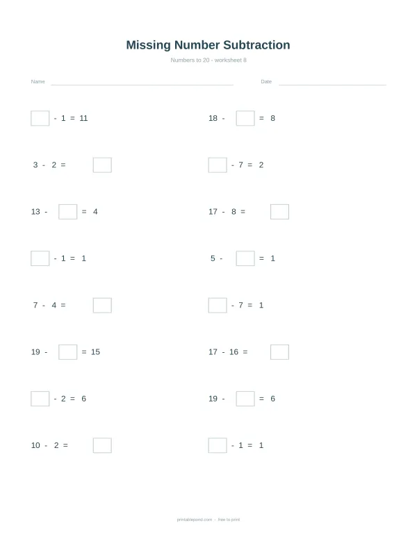 Missing number subtraction worksheet with numbers to 20