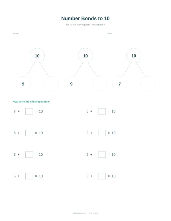 Worksheet with number bond diagrams and addition equations up to 10.