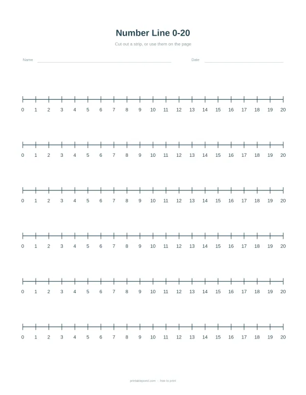 A printable worksheet with six horizontal number lines marked 0 to 20.