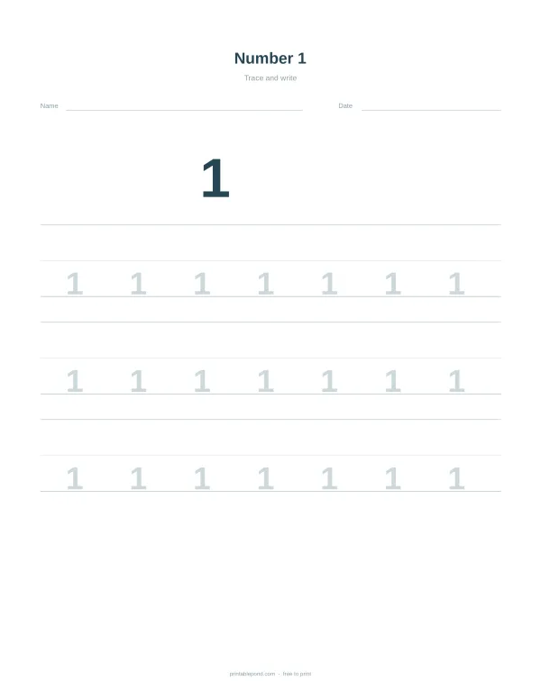 A worksheet with the number 1 displayed large, followed by rows of dotted number 1s for tracing practice.