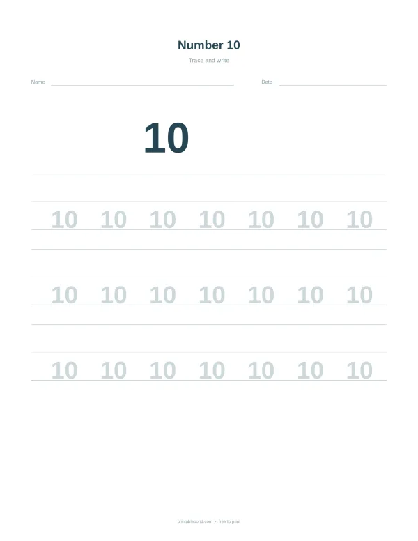 Worksheet with a large number 10 at the top and rows of dotted number 10s to trace.