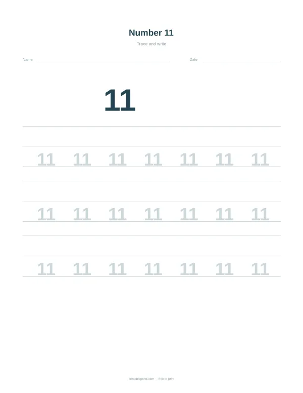 A worksheet with the number 11 large in the center and rows of dotted 11s for tracing practice.