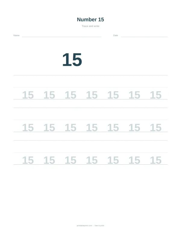 A worksheet for tracing the number fifteen with dashed lines for practice.