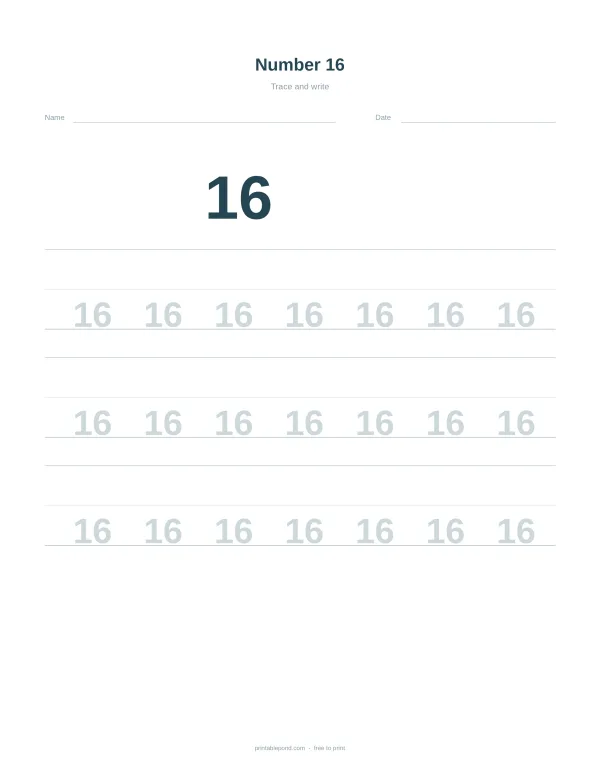 A worksheet with the number 16 large in the center and rows of dotted 16s to trace.