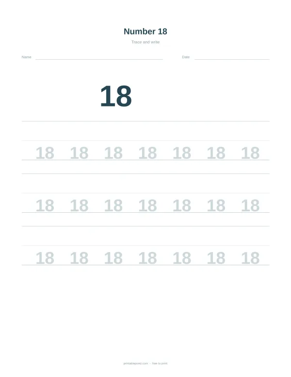 Number 18 tracing worksheet with name and date fields at the top, large 18, and rows of faint 18s to trace.