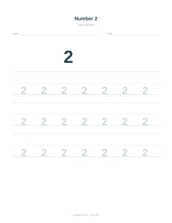A worksheet page with the number 2 prominently displayed, followed by rows of faint dotted number 2s for tracing practice.