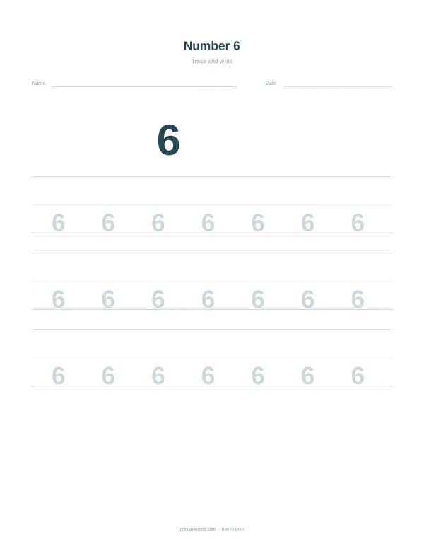 A worksheet with the number 6 at the top and rows of dotted sixes to trace below.