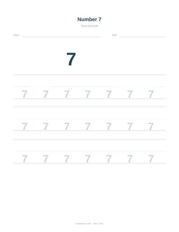 Number 7 tracing worksheet with large number seven and rows of dotted sevens to trace.