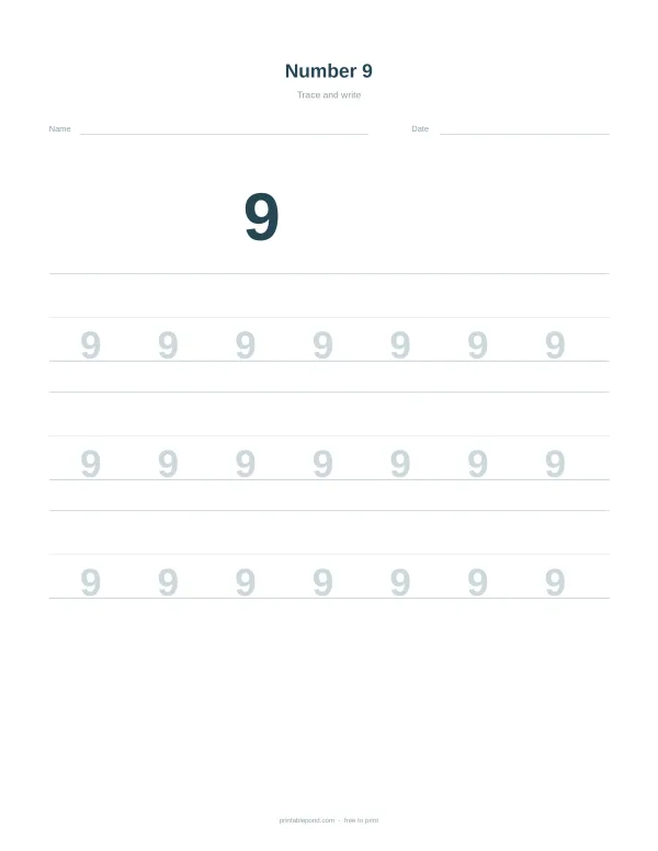 A worksheet with the number 9 at the top and rows of dotted number 9s to trace below.