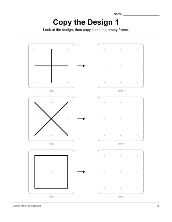 Worksheet with three rows showing a design to look at and an empty frame to copy it into.