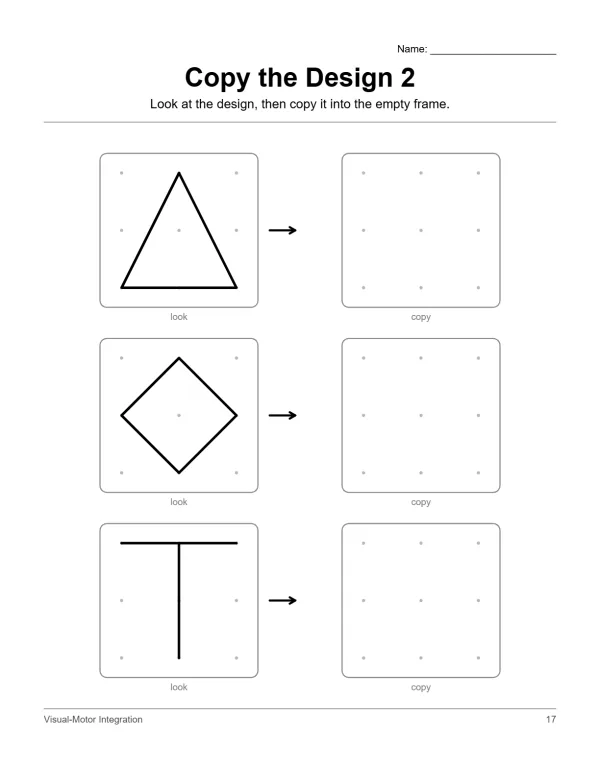 Worksheet with three boxes of simple shapes to copy into empty grid boxes.