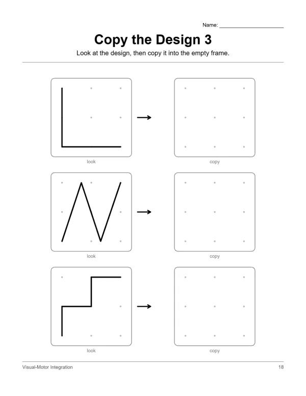 Worksheet with three rows of boxes, each showing a simple line design to copy into an empty grid.