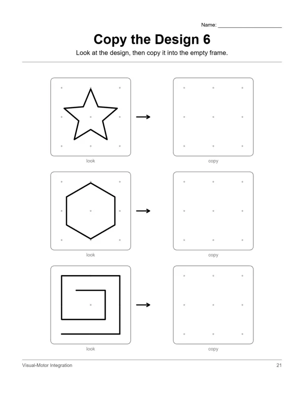 Worksheet with three rows showing shapes to copy into a grid: a star, a hexagon, and a spiral.