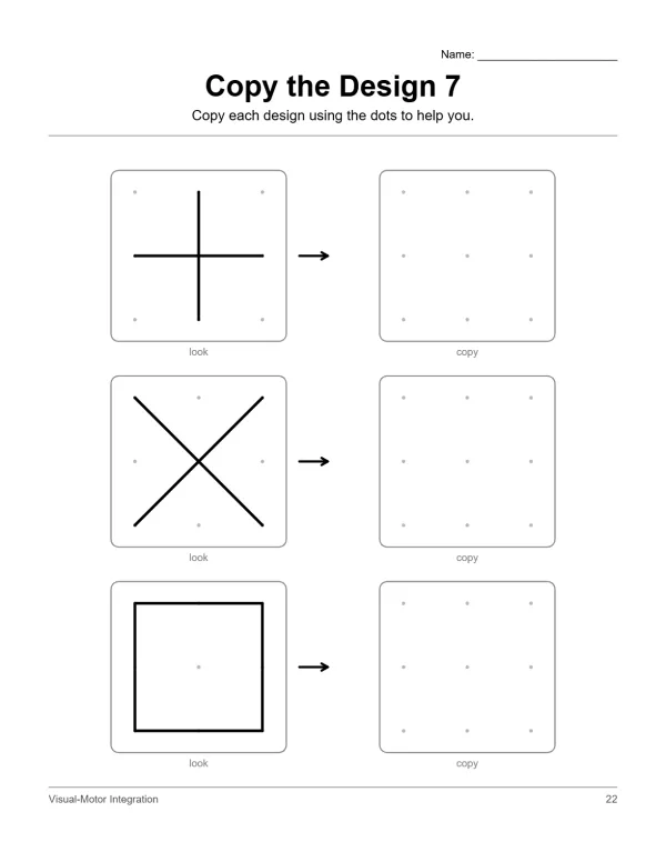 Worksheet with three rows of designs to copy using dots as guides.