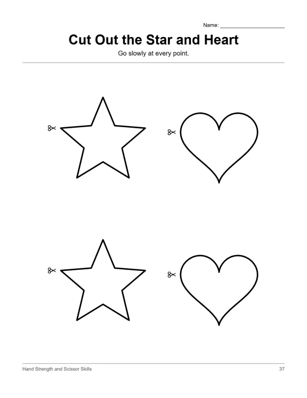 Two stars and two hearts with scissors icons to cut out on a white worksheet.