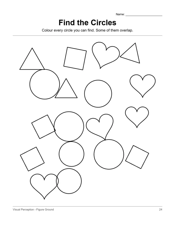 A worksheet with triangles, squares, hearts, and circles scattered across the page.