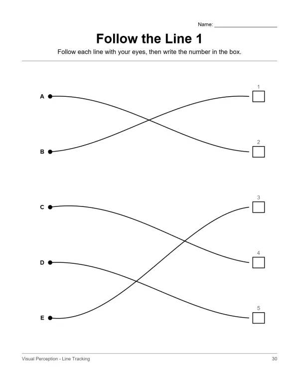Worksheet with five lines starting with letters A through E and ending with numbered boxes.