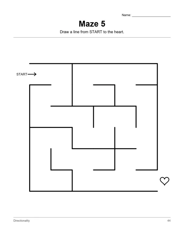 A black and white maze worksheet with a start arrow and a heart at the end, ready to be solved.