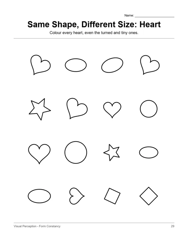 Worksheet with rows of outlines including hearts, ovals, stars and circles for a sorting activity.