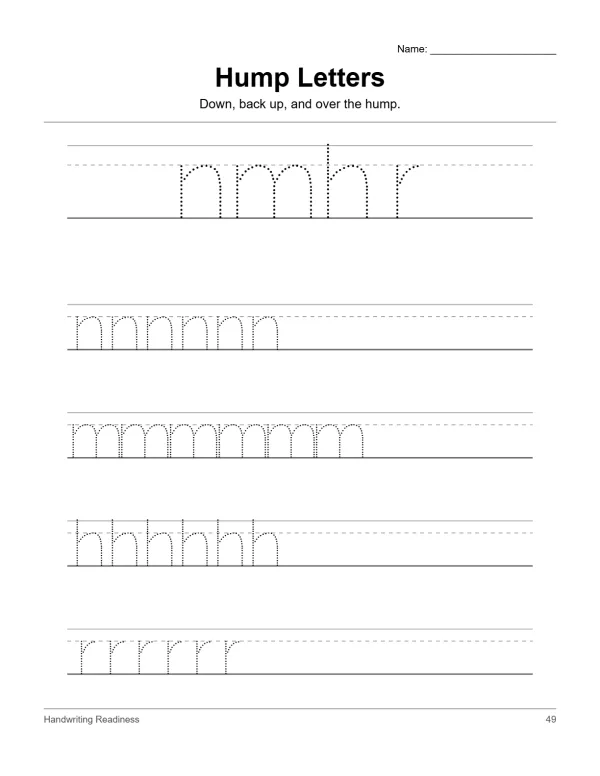 Worksheet with dotted lines for tracing lowercase letters m, n, and r, with the title 'Hump Letters'.