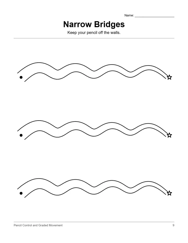 Three wavy path exercises with starting dots and ending stars, titled Narrow Bridges worksheet.