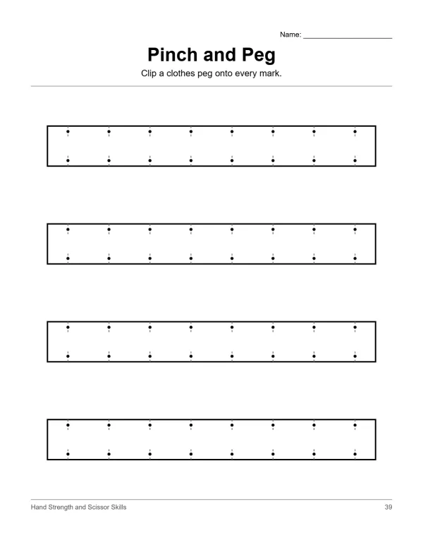 Worksheet with four rows of dotted lines indicating where to clip clothes pegs for fine motor practice.