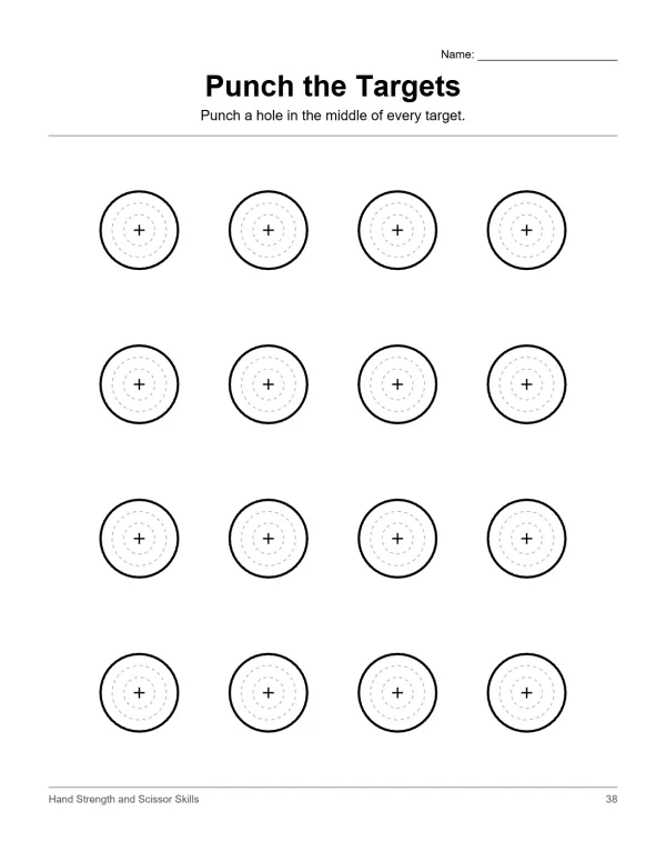 Worksheet with 16 circular targets, each with a crosshair in the middle, arranged in four rows.