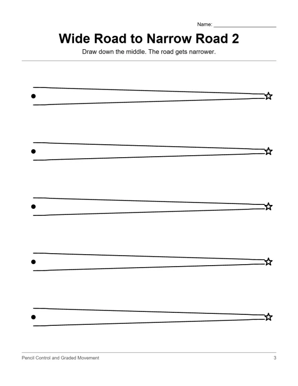 Worksheet with five horizontal lines showing a road that gradually narrows from left to right.